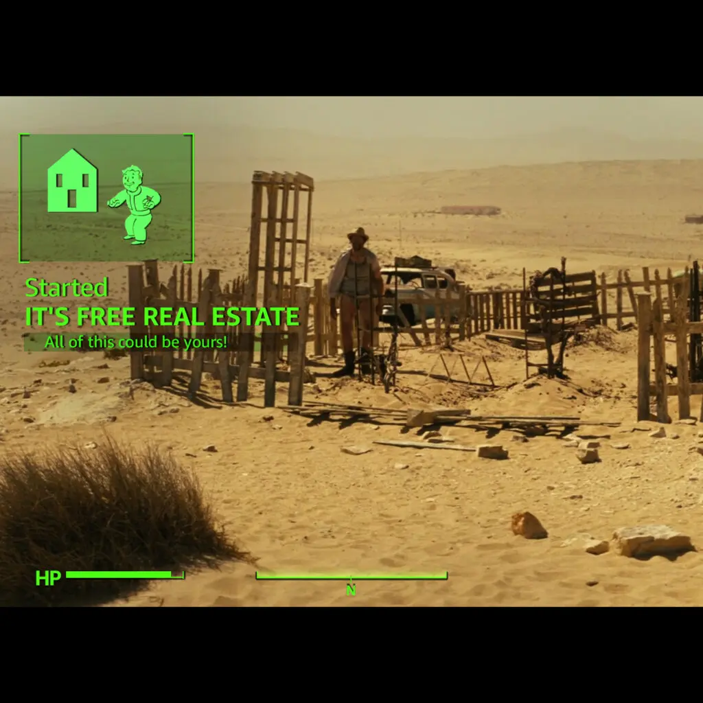 A Fallout meme frames a fenced desert settlement like a green game-interface real estate listing, with Vault Boy artwork and the text “IT’S FREE REAL ESTATE.”