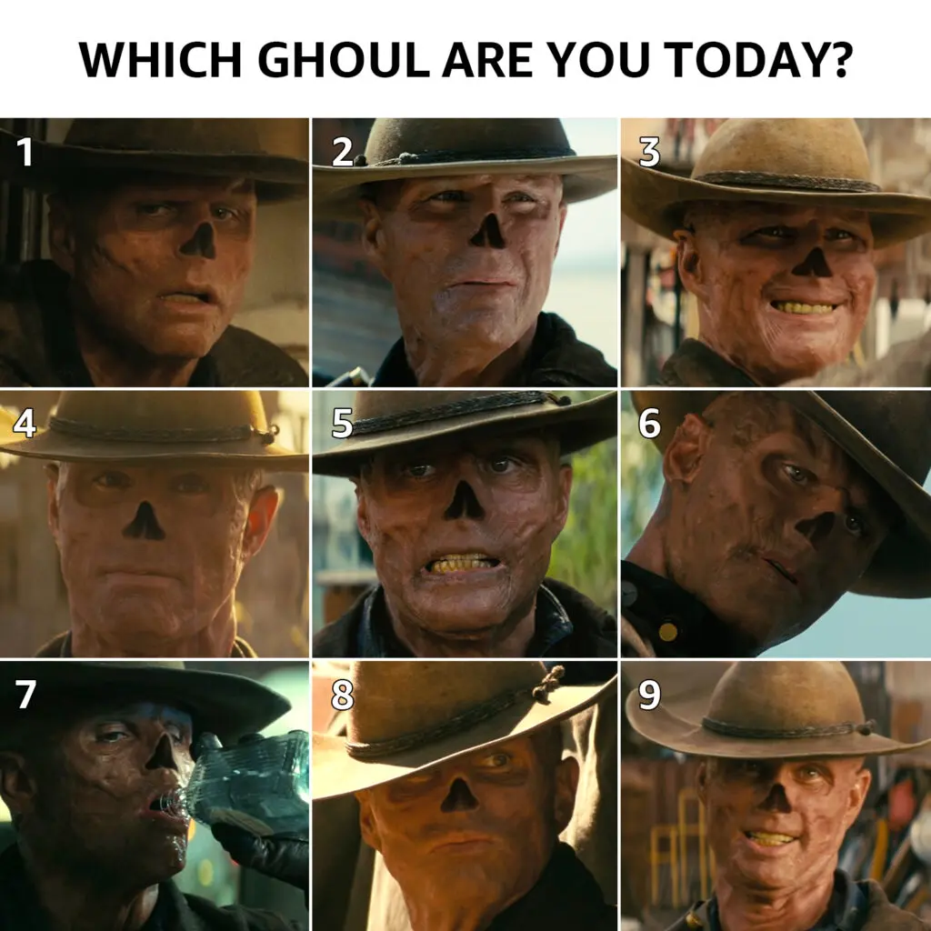 Nine-panel meme grid titled “Which Ghoul Are You Today?” featuring numbered expressions of the Ghoul from Fallout Season 1.