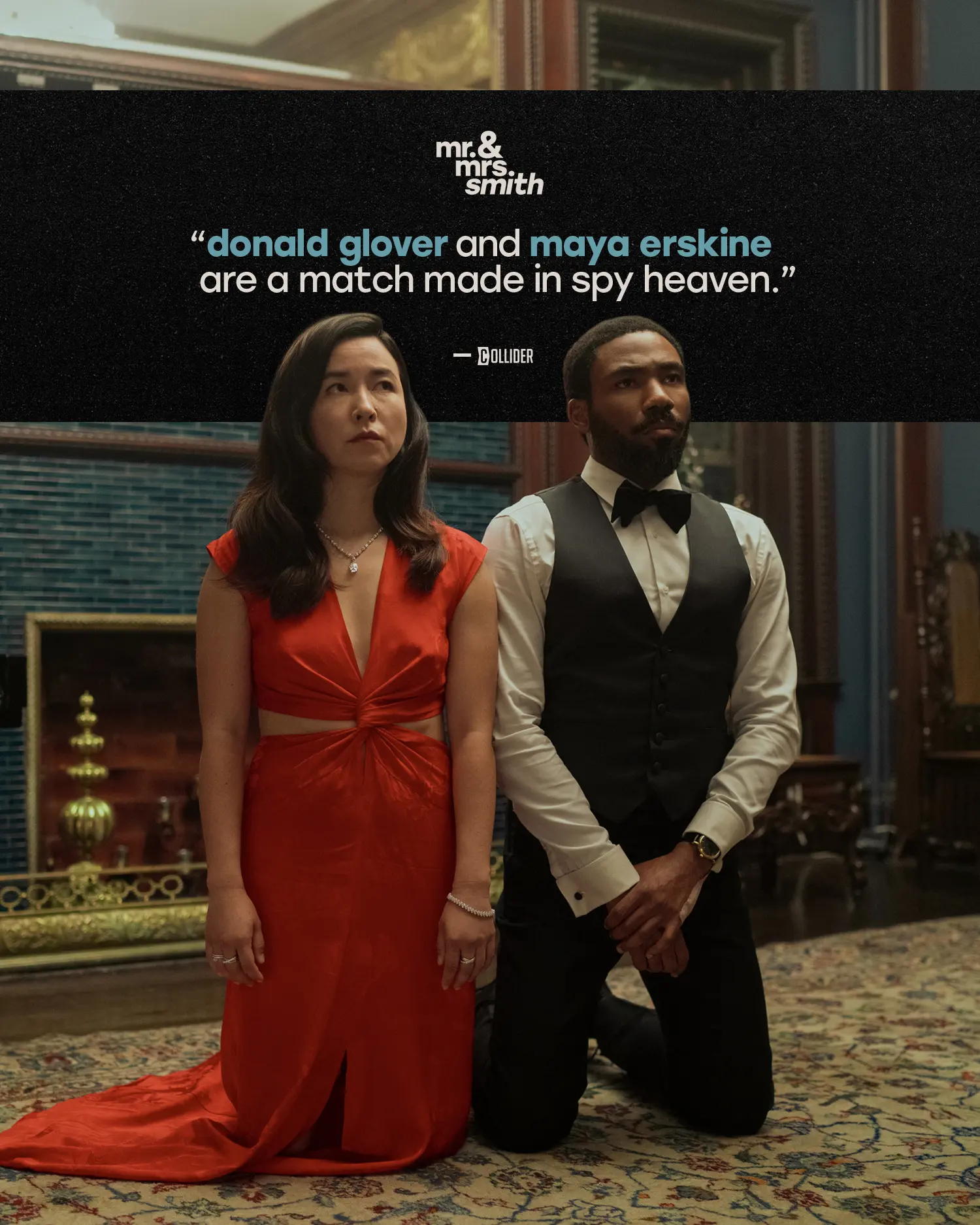 Two formally dressed people kneel side-by-side in an ornate room while a textured black horizontal bar across the top displays a cyan-highlighted critic quote praising the cast and chemistry.