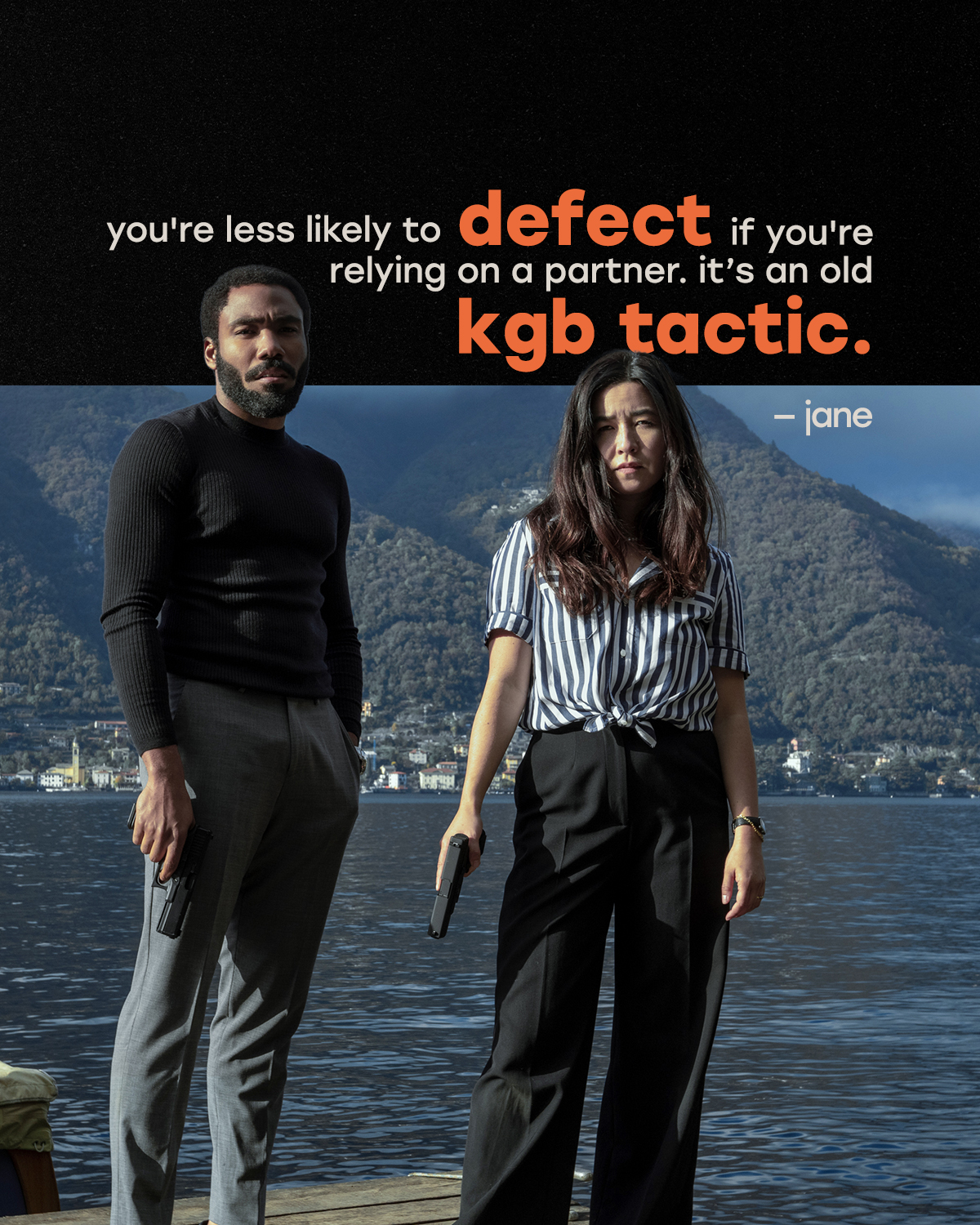 John Smith and Jane Smith stand on a lakeside dock holding pistols, with a mountain village across the water and a black headline band with bold orange text above.