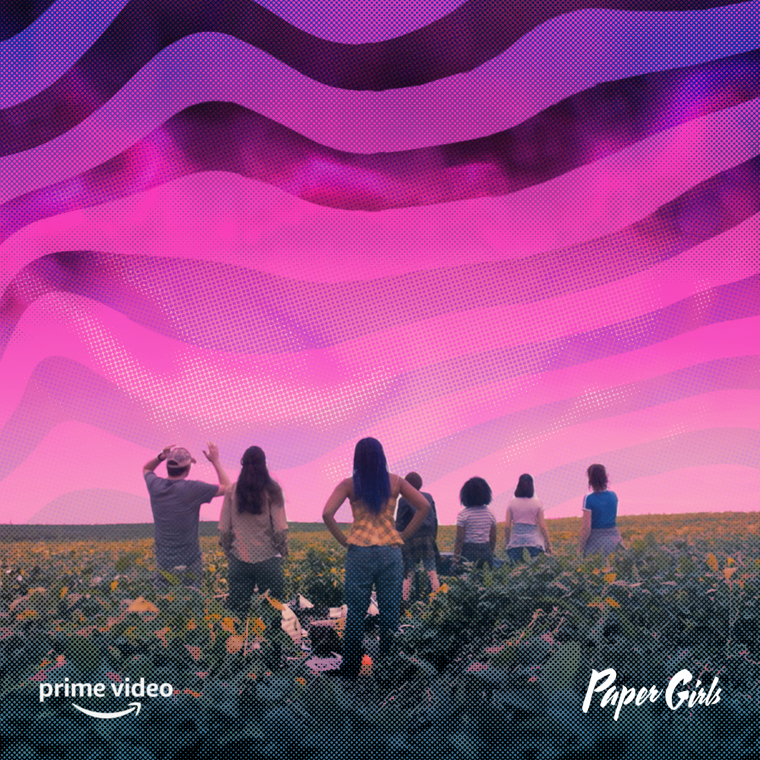 Seven people stand with their backs to camera in a sunflower field, facing a stylized magenta and purple halftone sky with wavy bands, with Prime Video and Paper Girls logos visible.