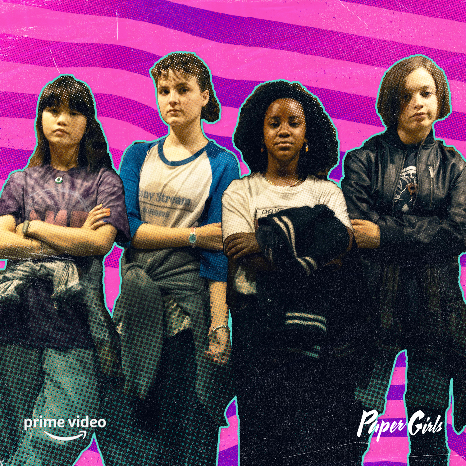 Four young girls stand side-by-side with arms crossed against a bright pink and purple wavy background, treated with halftone dots, cyan outlines, and visible Paper Girls and Prime Video logos.