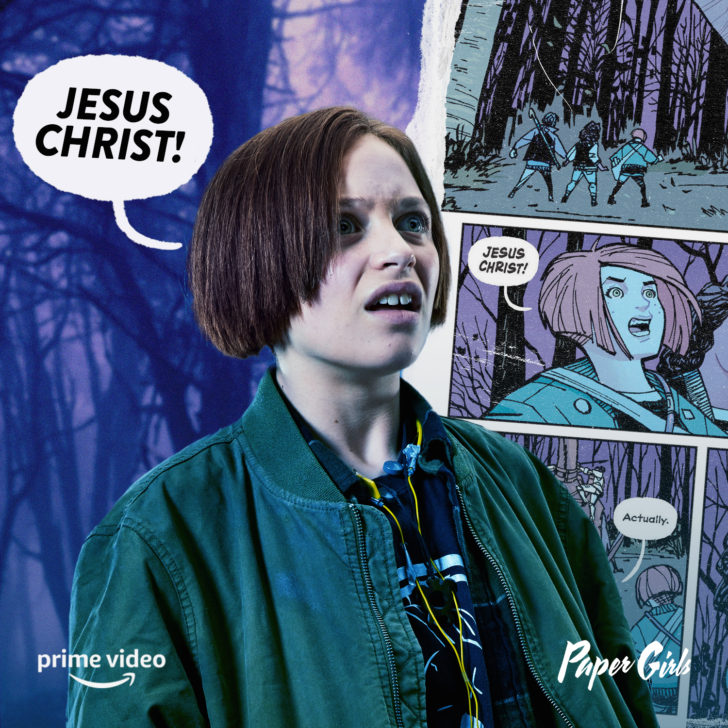 Young paper girl Mac Coyle makes a shocked face in front of blue-purple woods, with layered comic-book panels and a speech bubble reading 'JESUS CHRIST!' behind her.