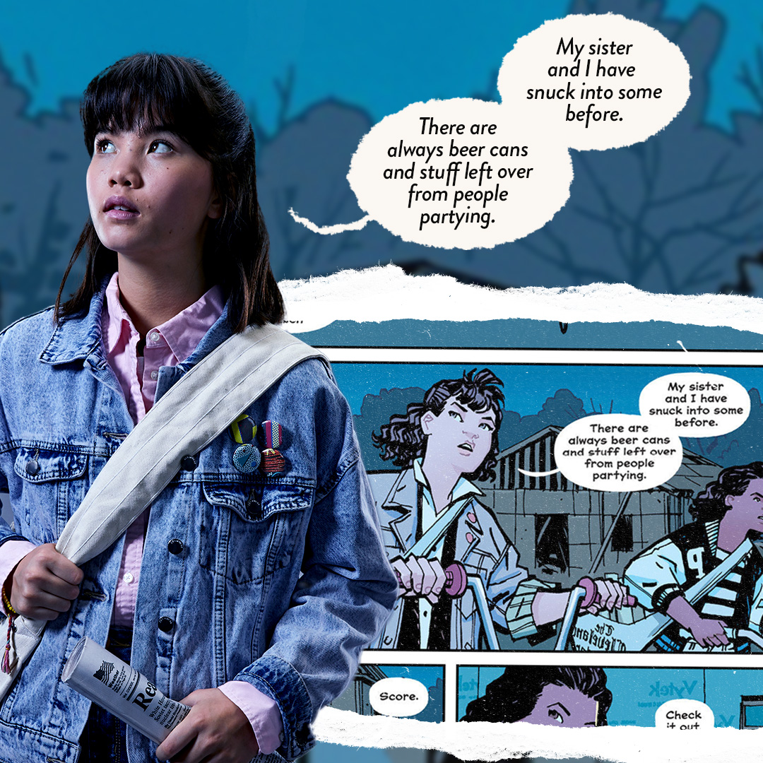 Young Erin Tieng standing in a denim jacket with a shoulder bag and rolled newspaper, set against torn comic-book panels and readable speech bubbles from the Paper Girls comic.