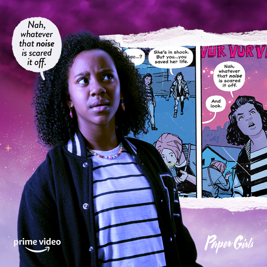 Young Black girl in a striped shirt and varsity jacket looks upward against a purple starry background with torn comic-book panels, a speech bubble reading “Nah, whatever that noise is scared it off,” and logos.