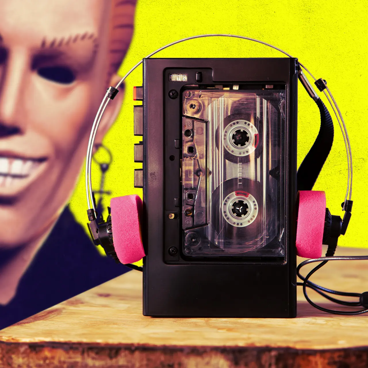 A cassette player with pink headphones sits on a wooden table against a bright yellow background, with the Sweet Sixteen Killer mask blurred behind it.