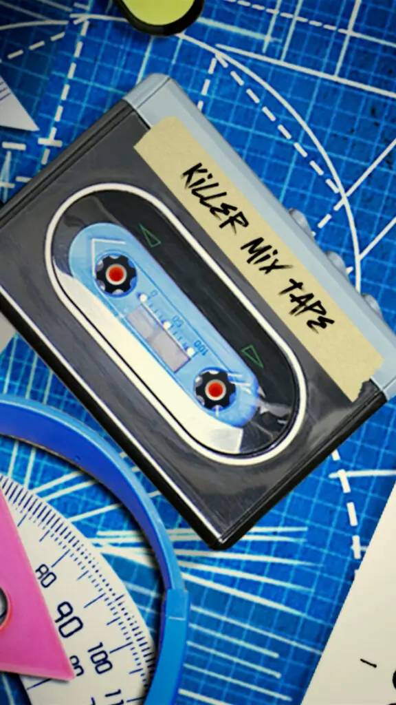 A cassette labeled “Killer Mix Tape” rests on a blue time-machine blueprint beside a magnifying glass, protractor, and drafting tools.