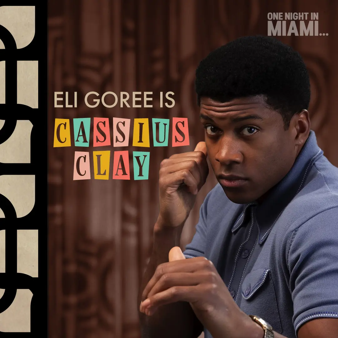 Eli Goree as Cassius Clay in a guarded boxing pose, wearing a blue polo with raised fists, against a warm patterned brown backdrop with colorful cut-paper letters spelling Cassius Clay and the film logo.