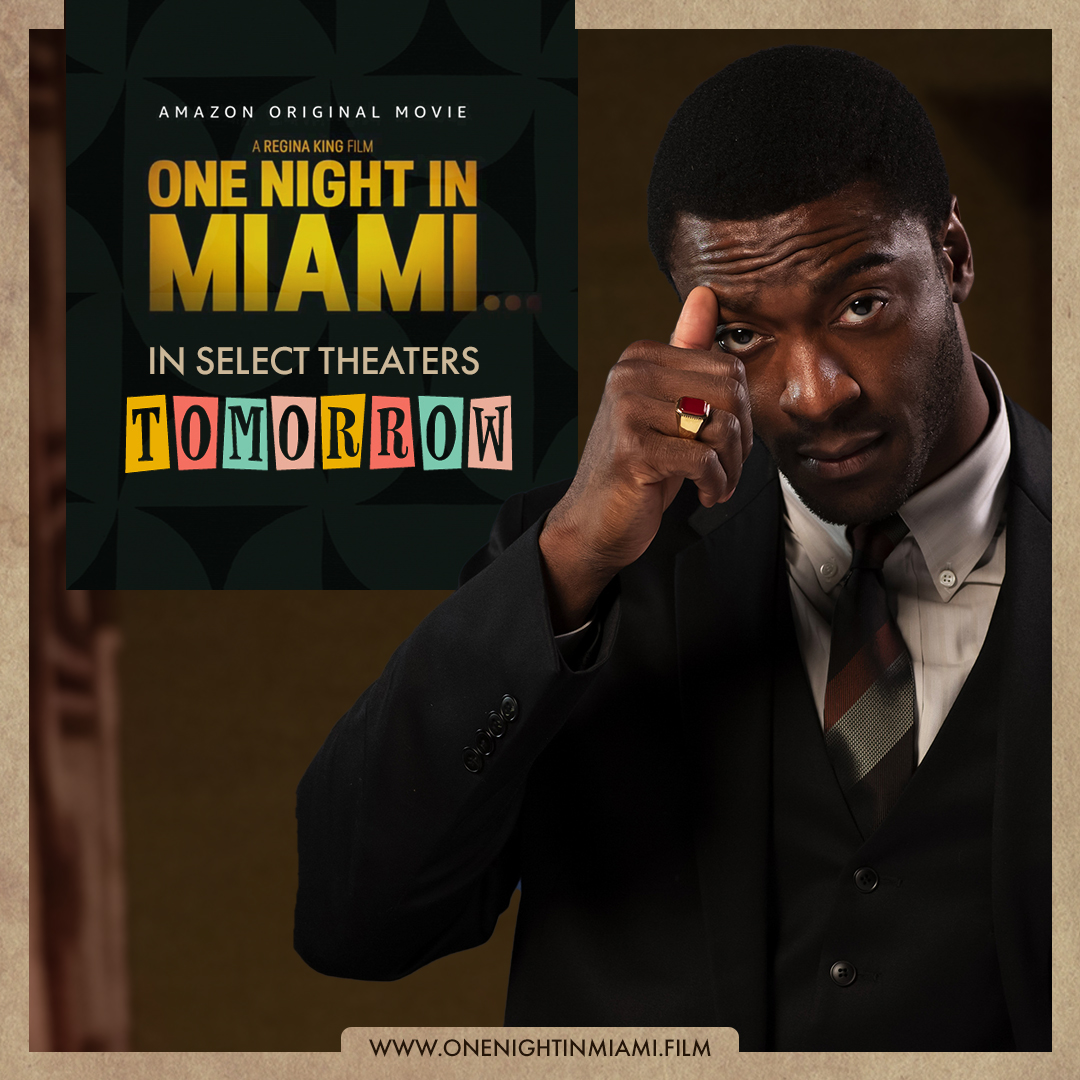 Close-cropped portrait of a formally dressed Black man in a dark suit and striped tie, beside a graphic block reading "ONE NIGHT IN MIAMI... IN SELECT THEATERS TOMORROW."