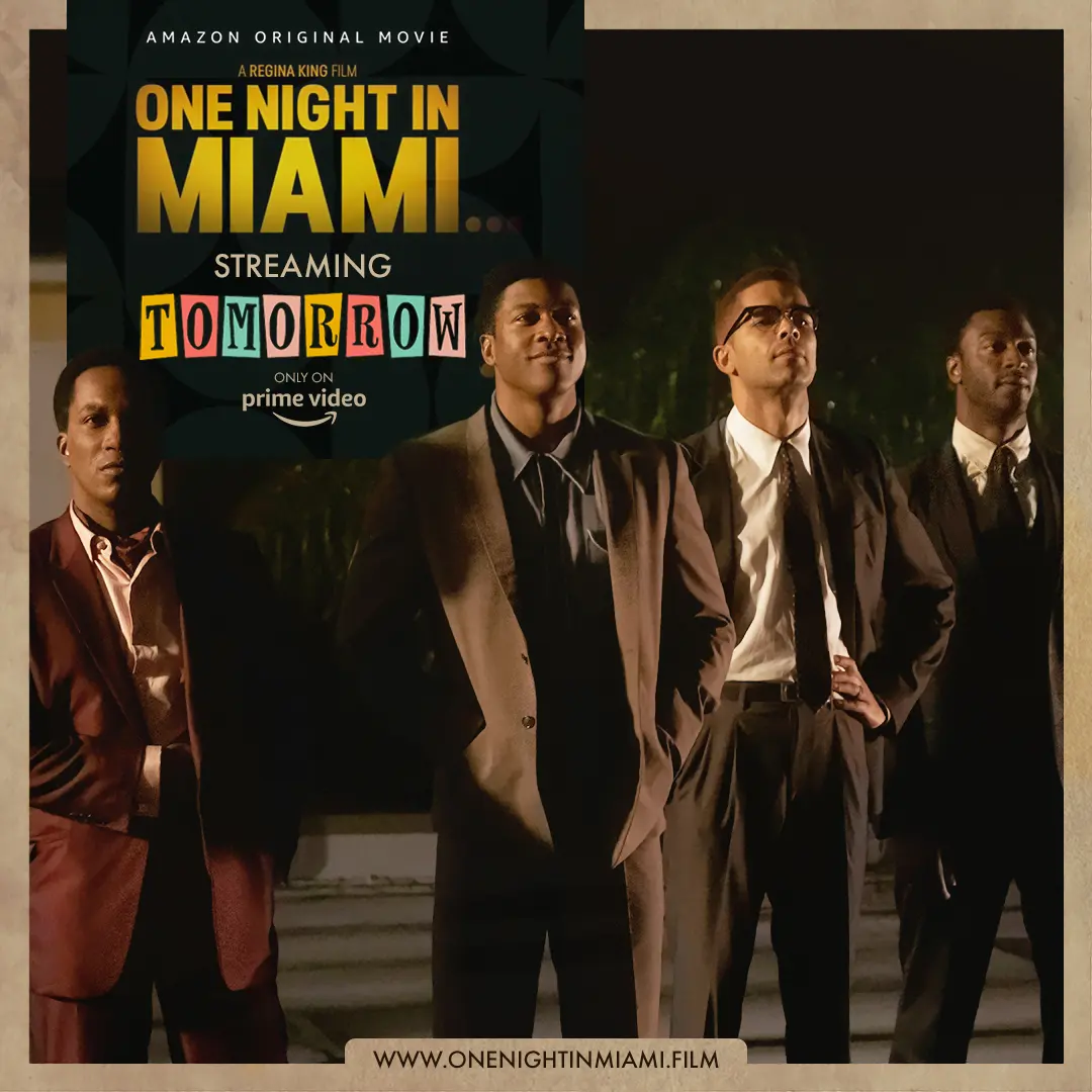 Four men in period suits stand together at night under warm light, framed by a graphic in the upper-left that reads 'One Night in Miami... Streaming TOMORROW'.