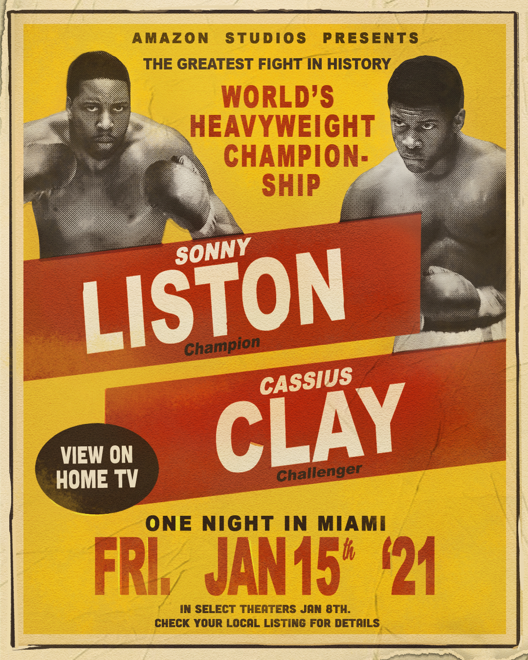 Two shirtless boxers face forward against a distressed yellow background with bold red diagonal banners naming Sonny Liston and Cassius Clay, headlines about the heavyweight championship and a 'View on Home TV' badge.