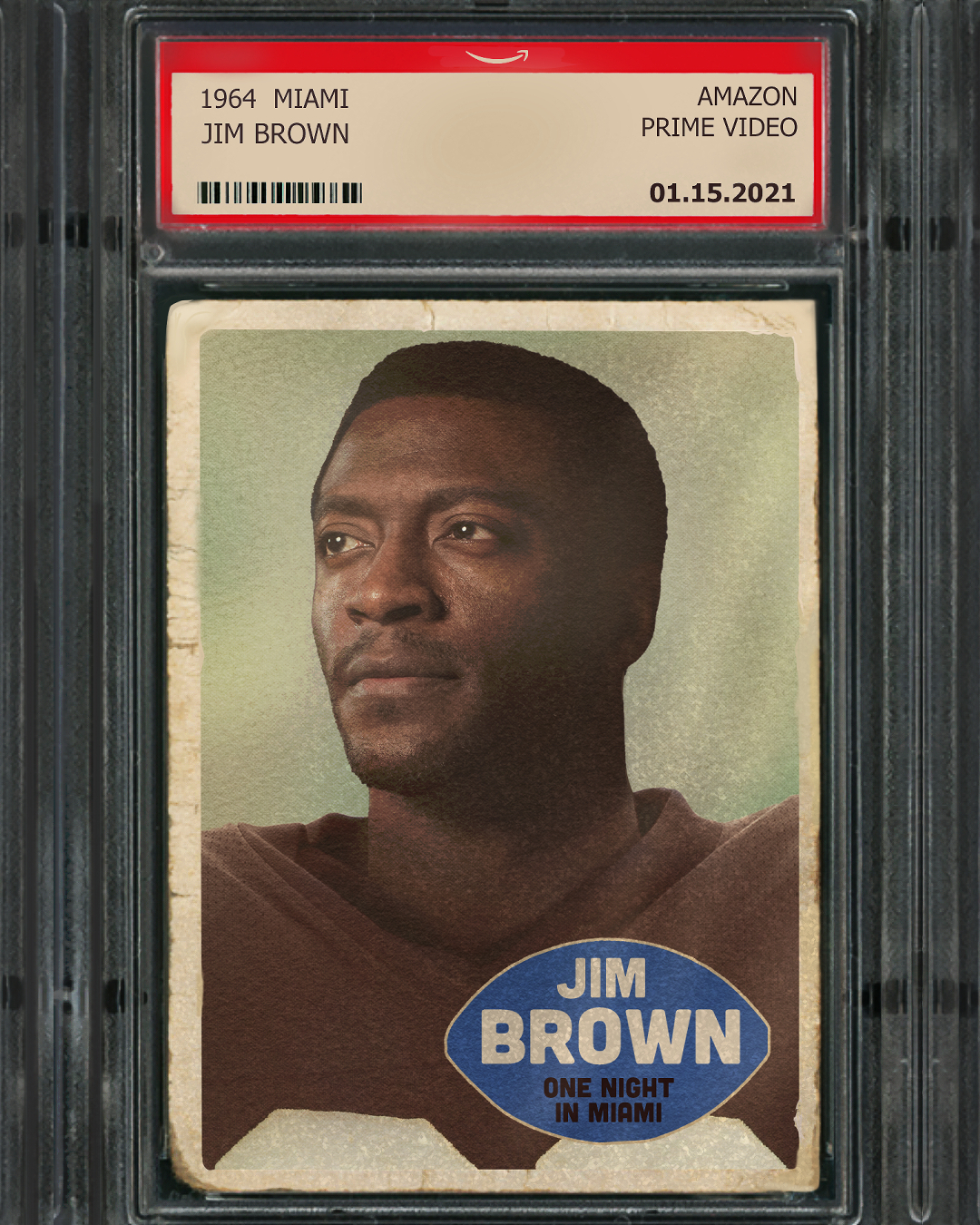 Vintage trading-card portrait of Jim Brown shown in a plastic graded case, three-quarter facial view with worn paper edges, muted green background, and a blue oval nameplate reading JIM BROWN.