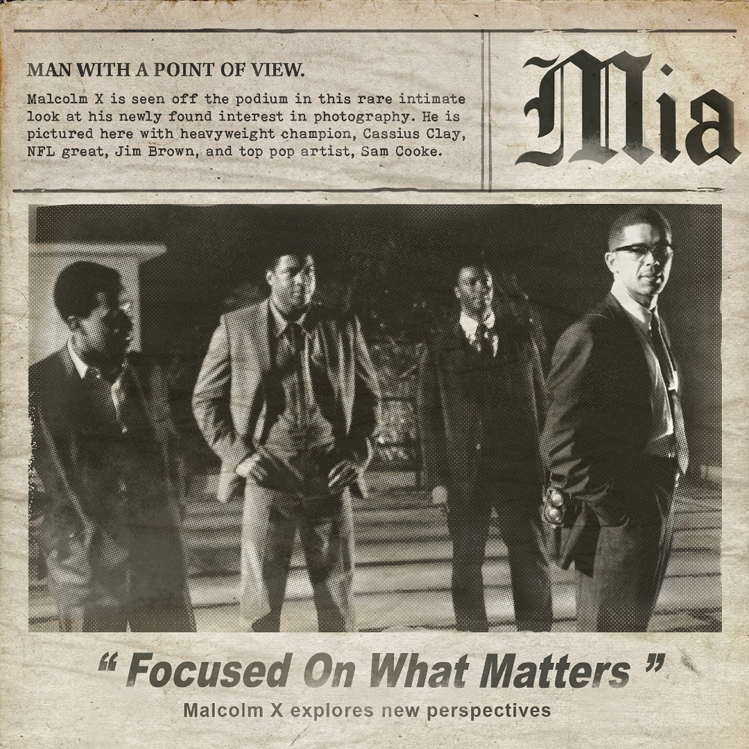 Four men in 1960s suits stand in a halftone newspaper-style layout with the headline “Focused On What Matters,” aged paper texture, and a smaller caption referencing Malcolm X.