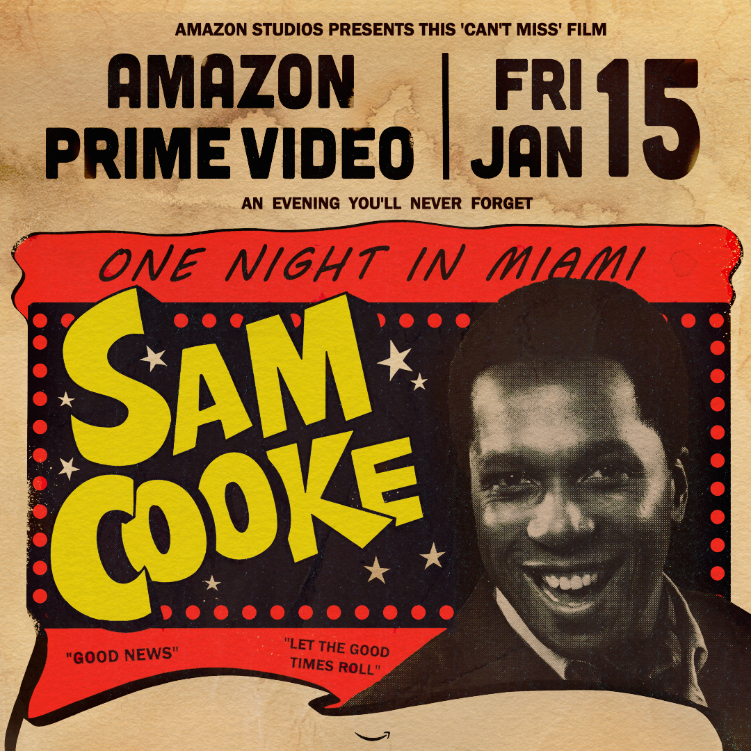 Vintage-style poster reading 'One Night In Miami' and 'SAM COOKE' with a halftone smiling portrait of a Black man, bold yellow lettering, red marquee dots, and distressed paper texture.