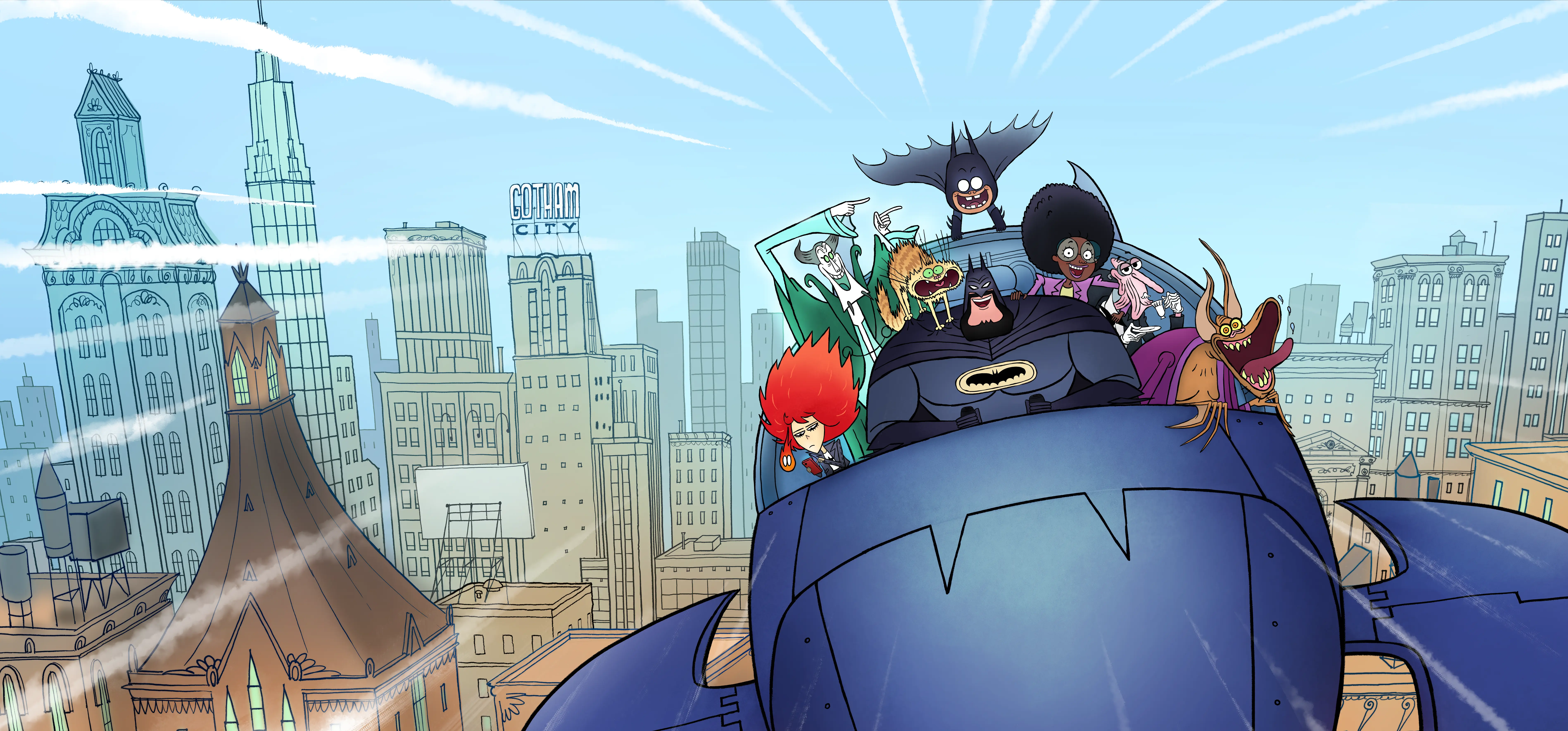 Panoramic illustration of Gotham skyline with a giant Bat-shaped vehicle carrying Batman and a lively household of colorful, stylized characters leaning out under a bright blue sky.
