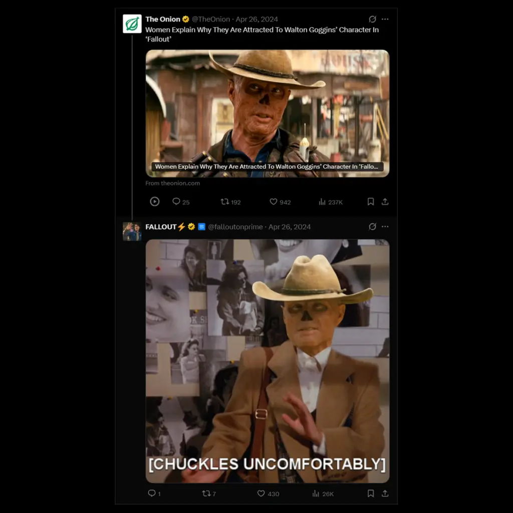 Two-up vertical screenshot of a Twitter thread showing a satirical headline card above and the FallOut account replying with a skull-faced cowboy still captioned "[CHUCKLES UNCOMFORTABLY]".