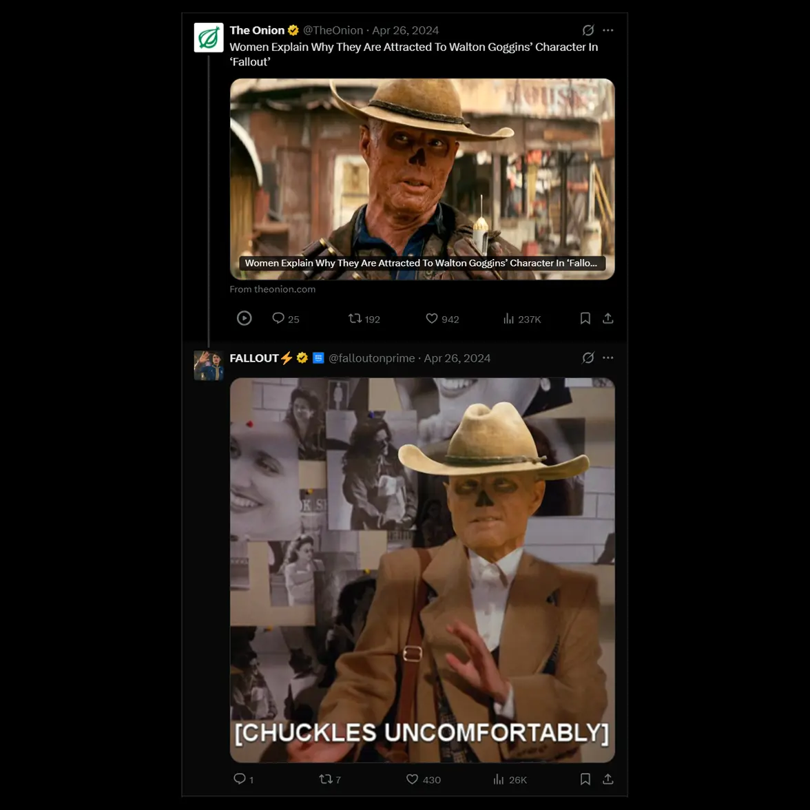 Two-up vertical screenshot of a Twitter thread showing a satirical headline card above and the FallOut account replying with a skull-faced cowboy still captioned "[CHUCKLES UNCOMFORTABLY]".