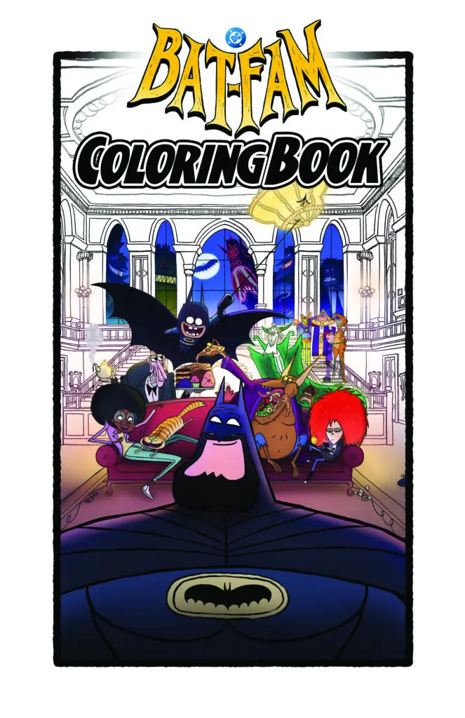 Cover illustration for a BatFam coloring book showing Batman in the foreground with the Wayne Manor family ensemble on a sofa and arched stained-glass windows behind them.
