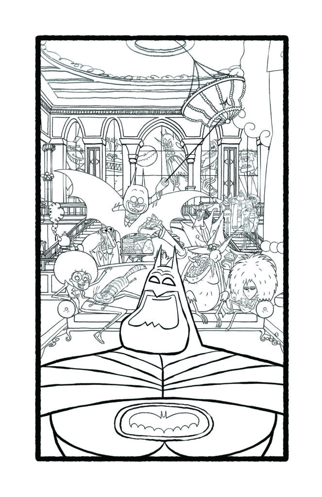 Black-and-white coloring-page line drawing showing Batman foreground with chest emblem, and a lively household of stylized characters and props in an ornate Wayne Manor living room.