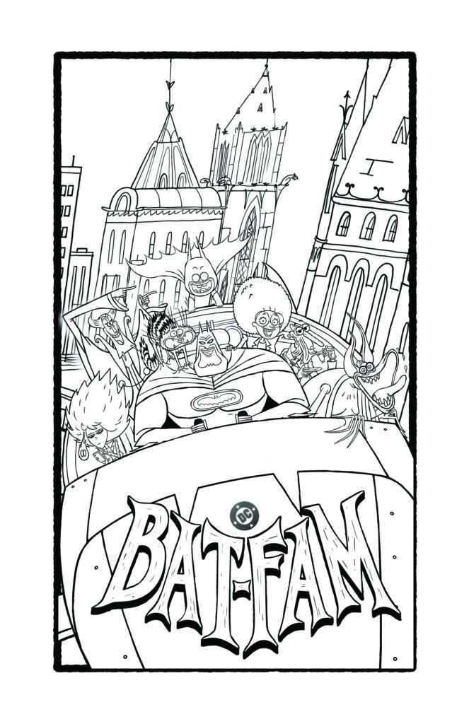 Black-and-white line-art coloring page showing Batman driving a car with a large 'BatFam' wordmark on the hood while an ensemble of smiling family members and villains pack the vehicle against a Gotham skyline.