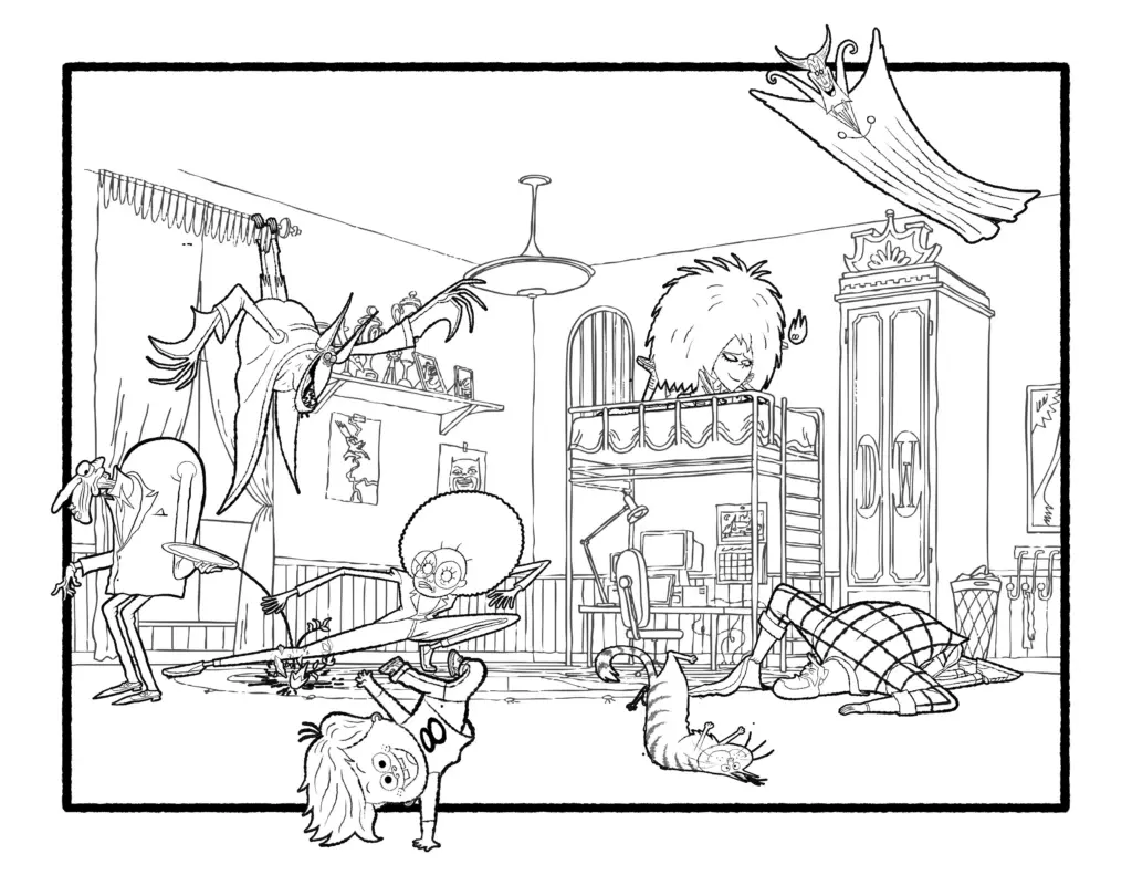 Black-and-white coloring-book illustration of a chaotic shared bedroom, with bunk beds, flying creatures, toys, a cat, and several animated household characters at play.