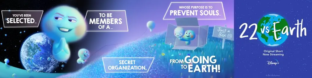 Horizontal promotional banner showing 22 floating near Earth with five small souls, two inside a cardboard box, purple-blue Great Before gradient background, white callout panels with recruitment-style copy and 22 vs Earth logo.