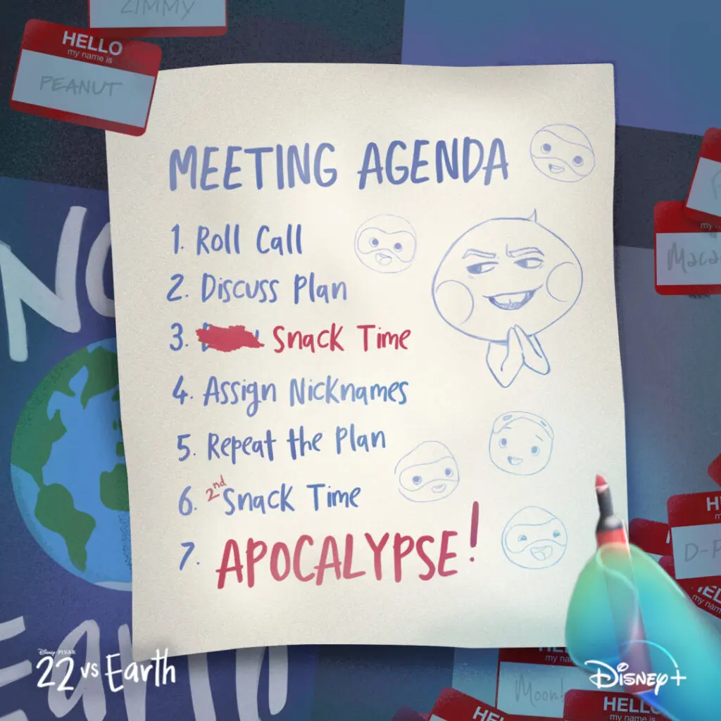 Hand-lettered meeting agenda note listing items like Roll Call, Discuss Plan, redacted Snack Time, and APOCALYPSE, surrounded by doodled soul faces, name tags, an Earth poster, and a marker tip.