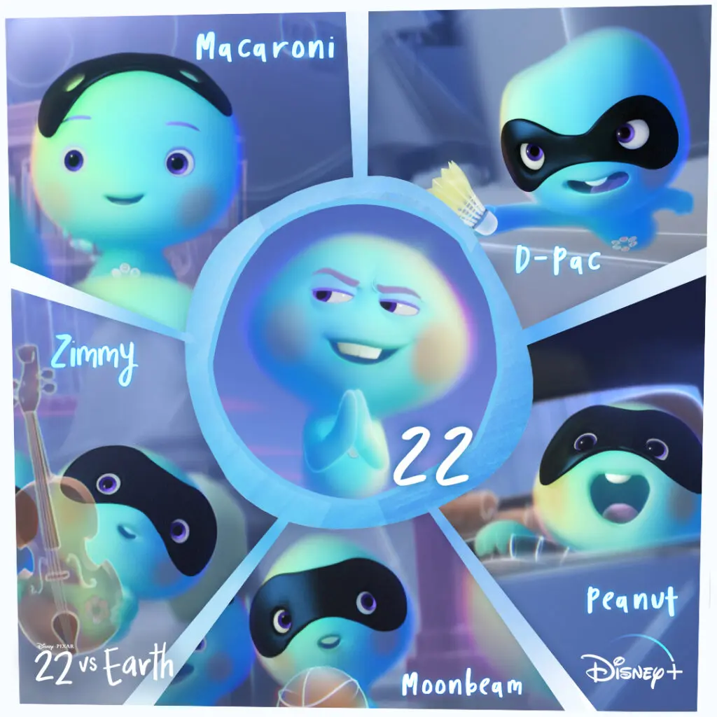 Square promotional collage with 22 centered inside a blue circular frame and five named small souls—Macaroni, D-Pac, Zimmy, Moonbeam, and Peanut—arranged in surrounding triangular panels.
