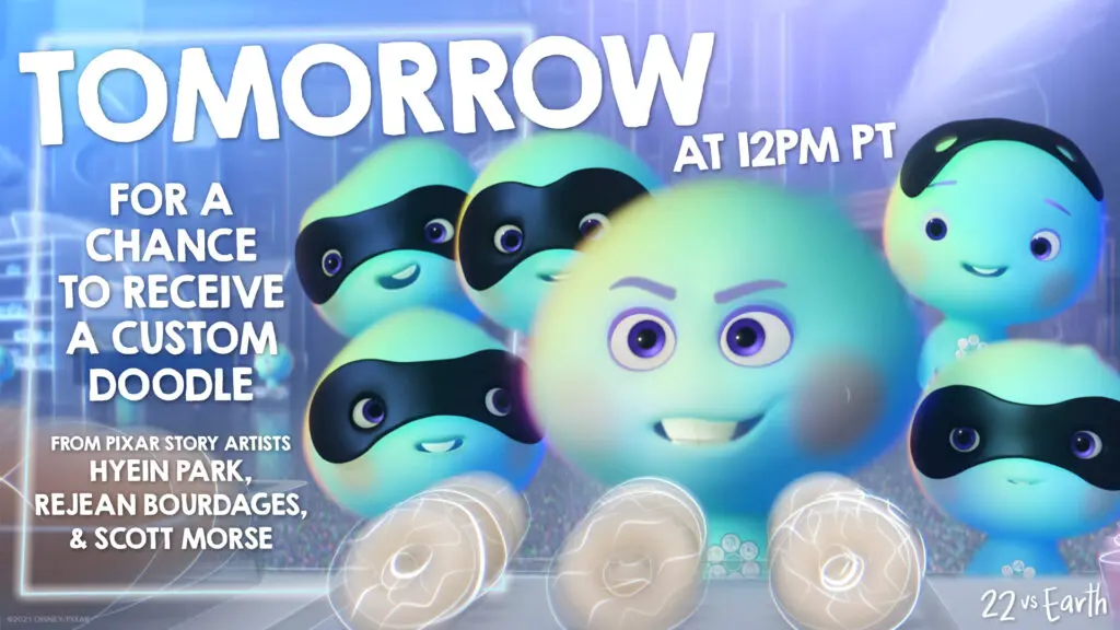 Five small Great Before souls with teal-blue gradients and black eye masks surround a larger, smirking 22 in a glowing portal-style environment, overlaid with a large 'TOMORROW' headline and giveaway copy.