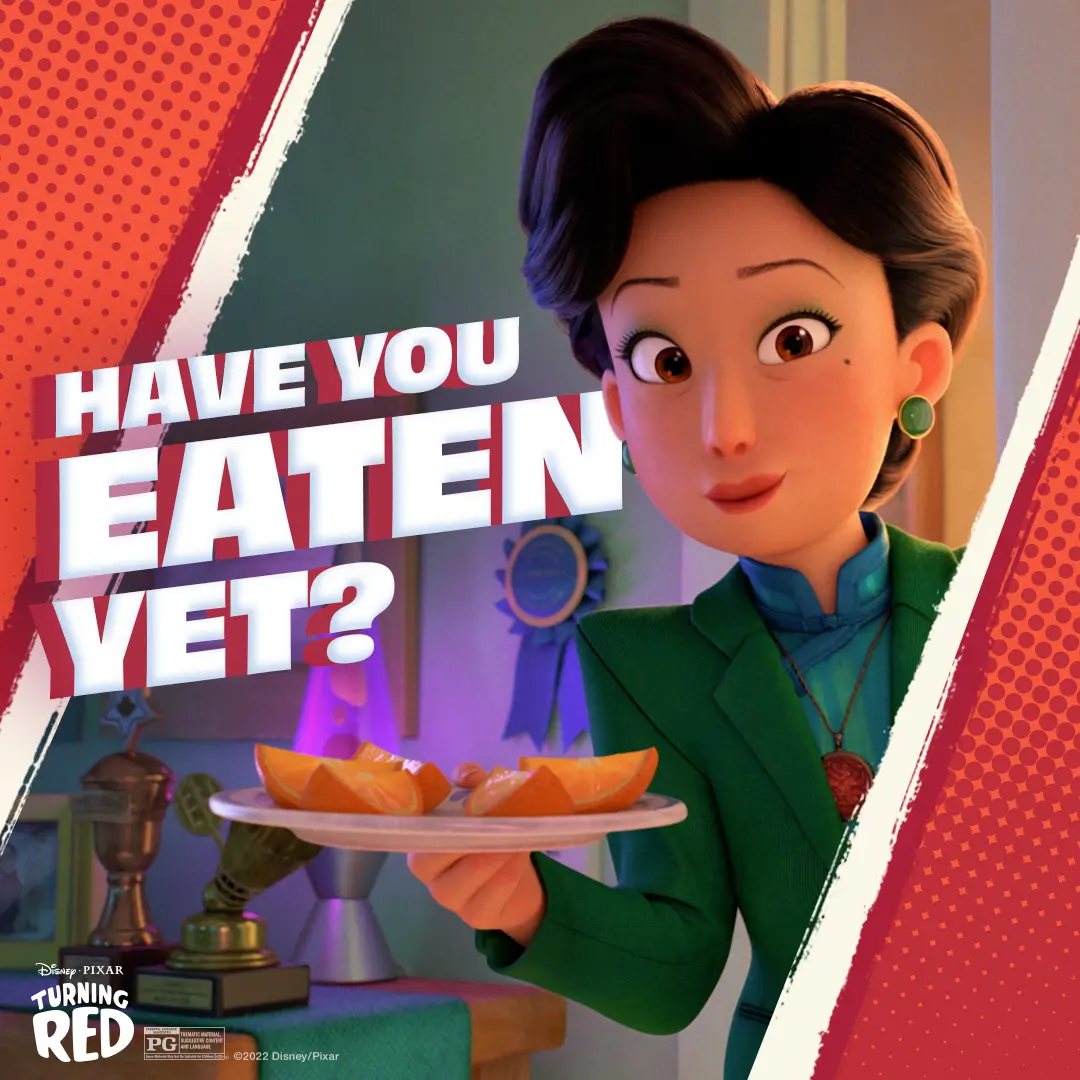 Ming Lee in a green blazer offers a plate of orange slices toward camera while bold white-and-red text reads “HAVE YOU EATEN YET?” against a dotted red border and warm background.