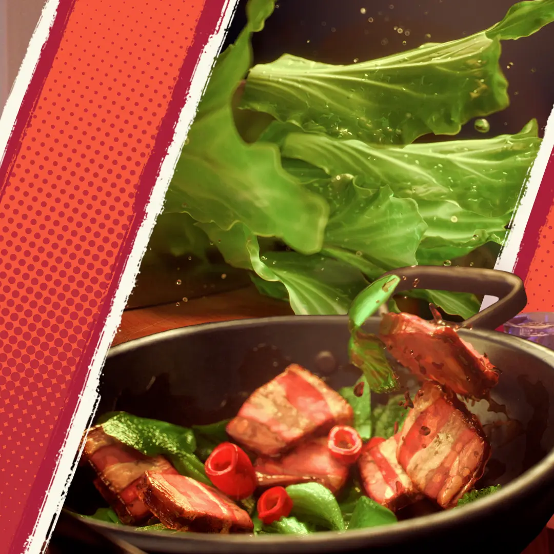 Wok with seared meat cubes, curled red chili slices and large green leaves splashing upward, framed by diagonal red halftone borders.