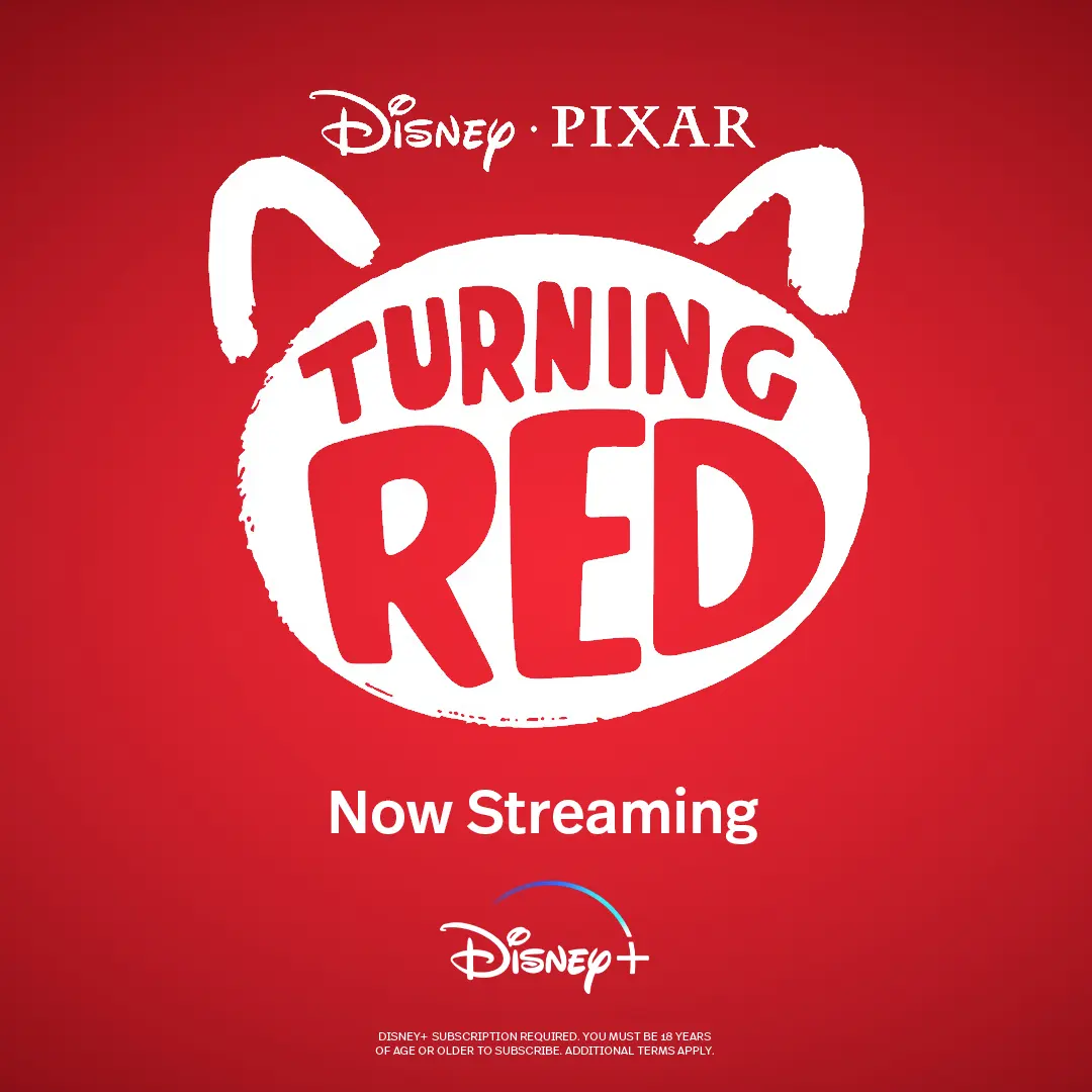 High-contrast red promotional card with a hand-painted white 'Turning Red' logo shaped like a panda head, 'Disney·PIXAR' at the top, 'Now Streaming' and the Disney+ logo at the bottom.