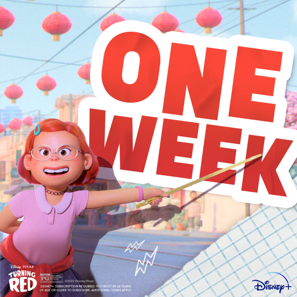 Red-haired animated girl with glasses points a stick toward bold sticker-style red text reading "ONE WEEK" over a sunny street scene with hanging red lanterns and a grid-paper corner.