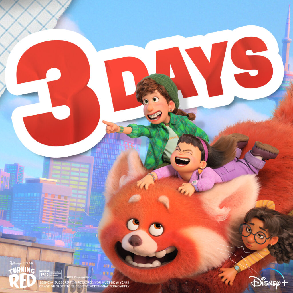 Giant red panda with three girls riding its head in the foreground, a stylized Toronto skyline behind them, and a bold red-and-white '3 DAYS' countdown sticker above.