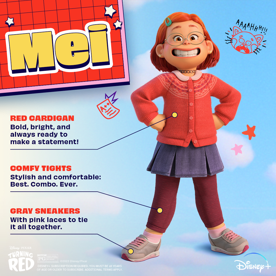 Mei stands hands-on-hips smiling widely in a red cardigan, purple skirt over burgundy tights and gray sneakers with pink laces, with labeled callouts and sticker graphics.