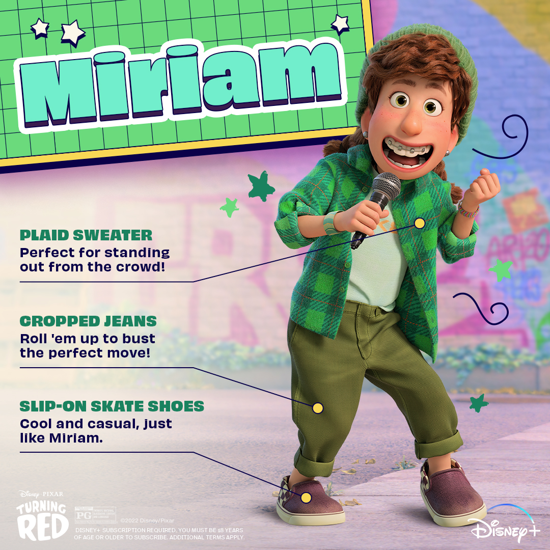 Miriam from Turning Red wearing a green plaid sweater and beanie, holding a microphone while labeled callouts point to her plaid sweater, rolled cropped jeans, and slip-on skate shoes.