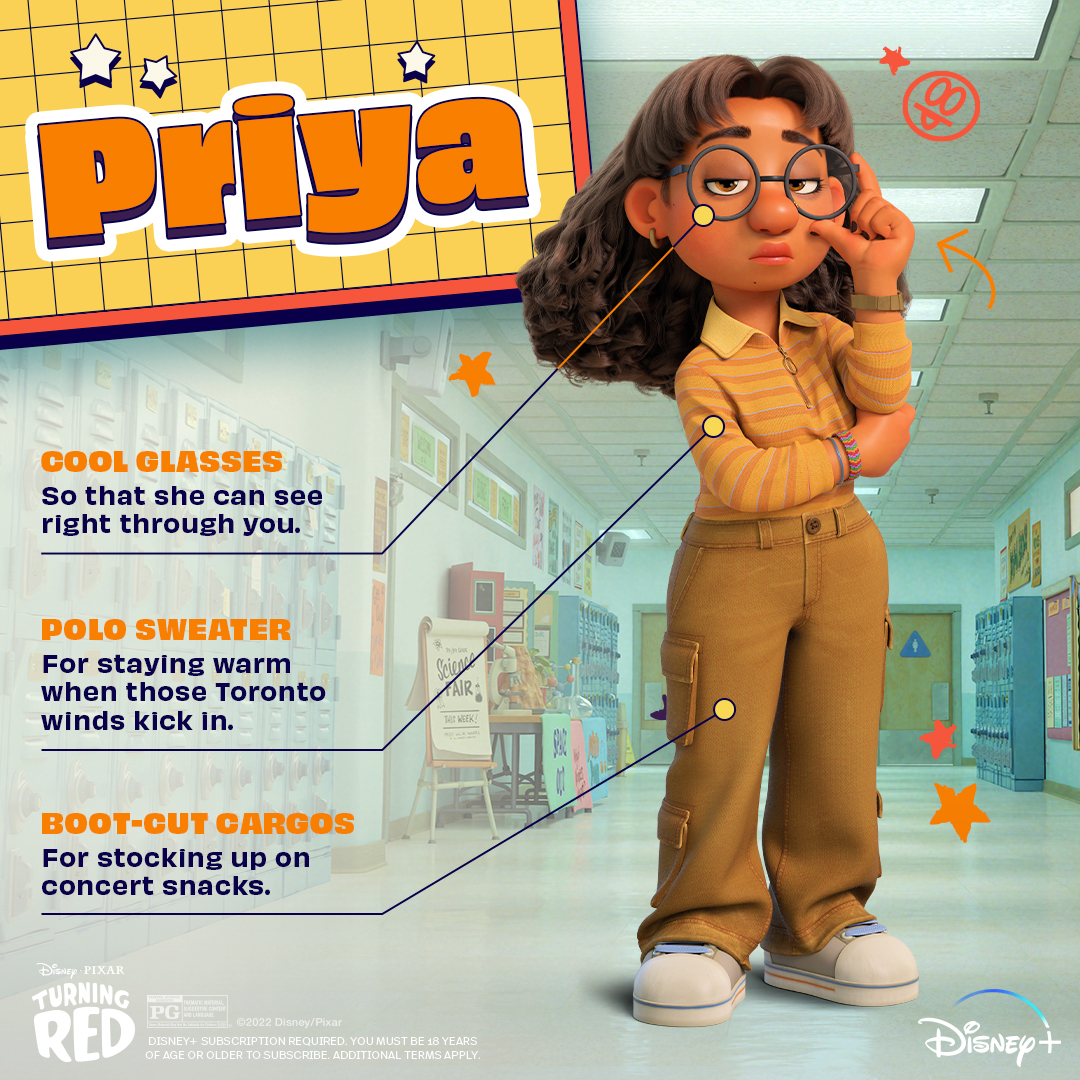 Priya from Turning Red standing in a school hallway wearing round glasses, a striped polo sweater and boot-cut cargo pants with labeled callouts describing each outfit piece.