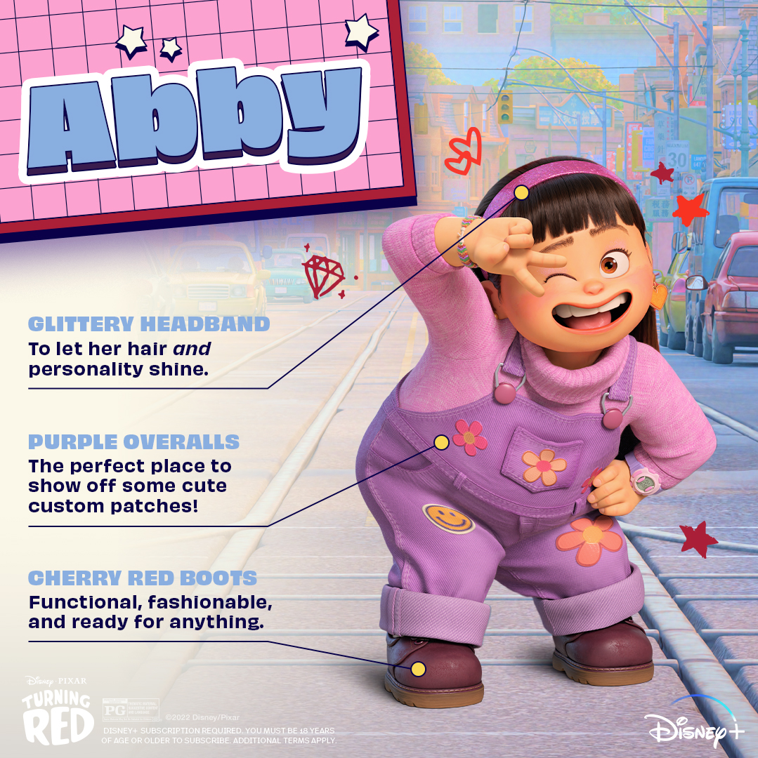 Abby from Turning Red wearing a glittery headband and purple overalls with flower patches, flashing a peace-sign smile while showing cherry-red boots, with labeled callouts over a pastel Toronto street background.