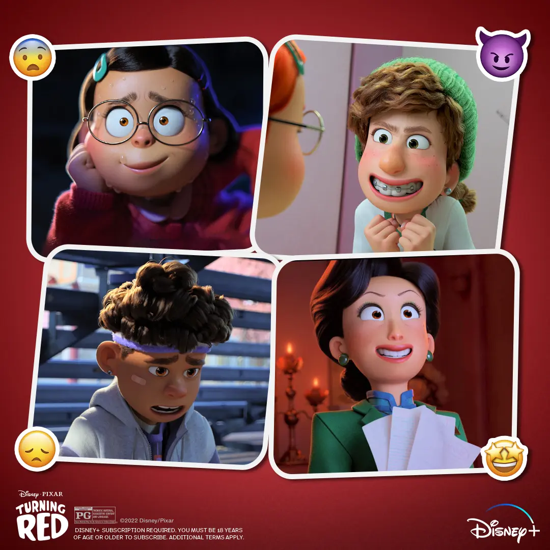 Four-panel red collage showing Mei Lee sweating with glasses, a grinning friend in a green beanie with braces, a worried friend wearing a headband, and Ming Lee holding papers.