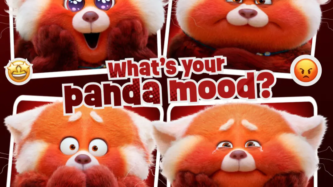 Four-panel grid showing Mei Lee's red panda head in joyful, angry, surprised and tearful expressions around the headline 'What's your panda mood?' with Turning Red and Disney+ logos.