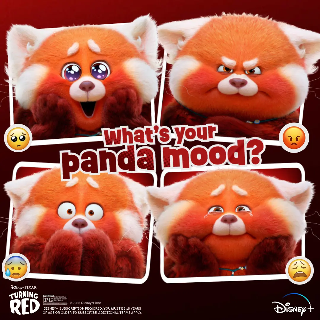 Four close-up portraits of Mei's giant red panda form showing excited, angry, surprised, and teary expressions arranged like polaroids around the text asking, “What's your panda mood?”