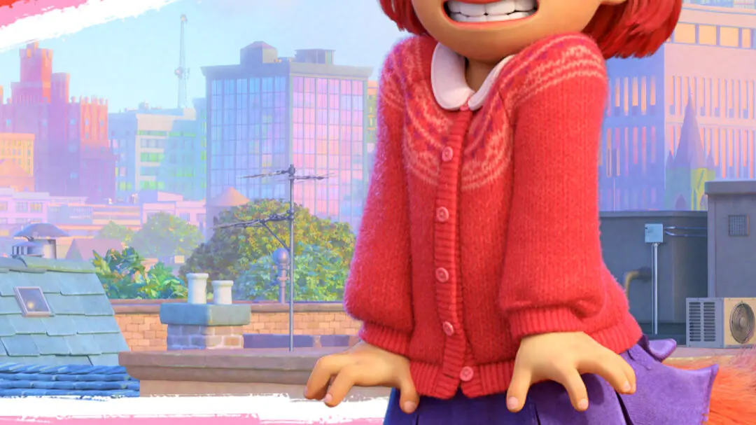 Mei in nervous half-panda form on a rooftop, wearing glasses and a red sweater, with a city skyline behind and bold white text reading "ARE YOU A TRIANGLE? 'CAUSE YOU ACUTE!" over a pink heart pattern.