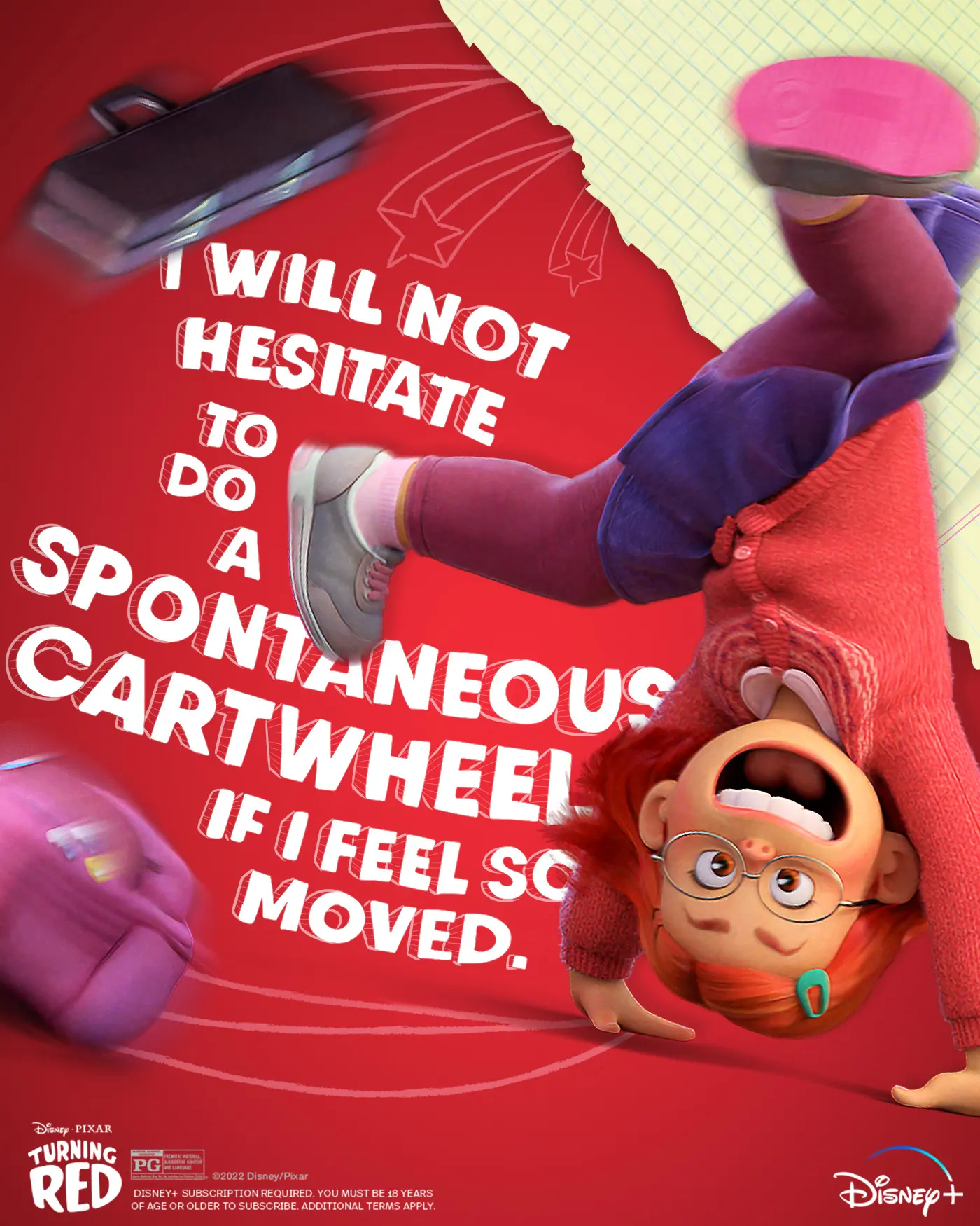 Mei mid-cartwheel upside down wearing glasses, red sweater and purple skirt against a red background with torn graph-paper corner and bold white typographic quote about doing a spontaneous cartwheel.
