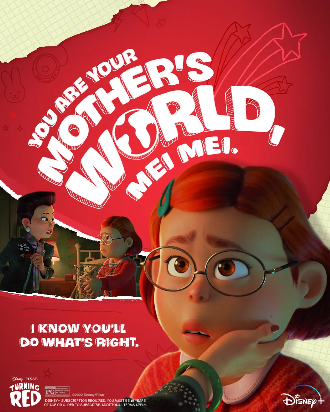 Close-up of Mei Lee's worried face in the foreground with Ming Lee admonishing a younger Mei in the background, set against red torn-paper graphics and bold white headline text.