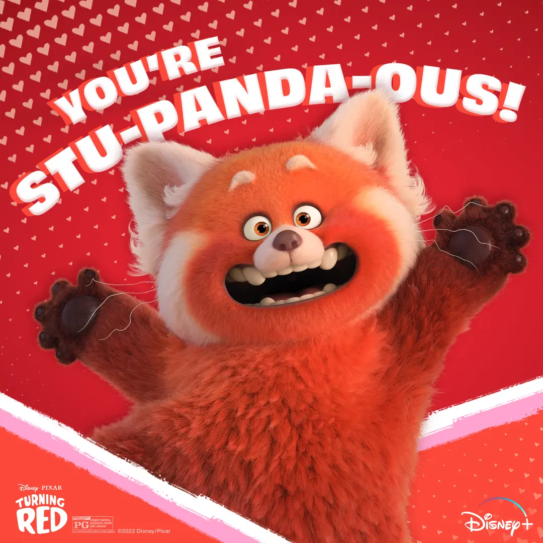 Mei Lee’s giant red panda with arms raised and a wide grin on a red background patterned with small hearts, arcing white headline reading “YOU'RE STU-PANDA-OUS!”.
