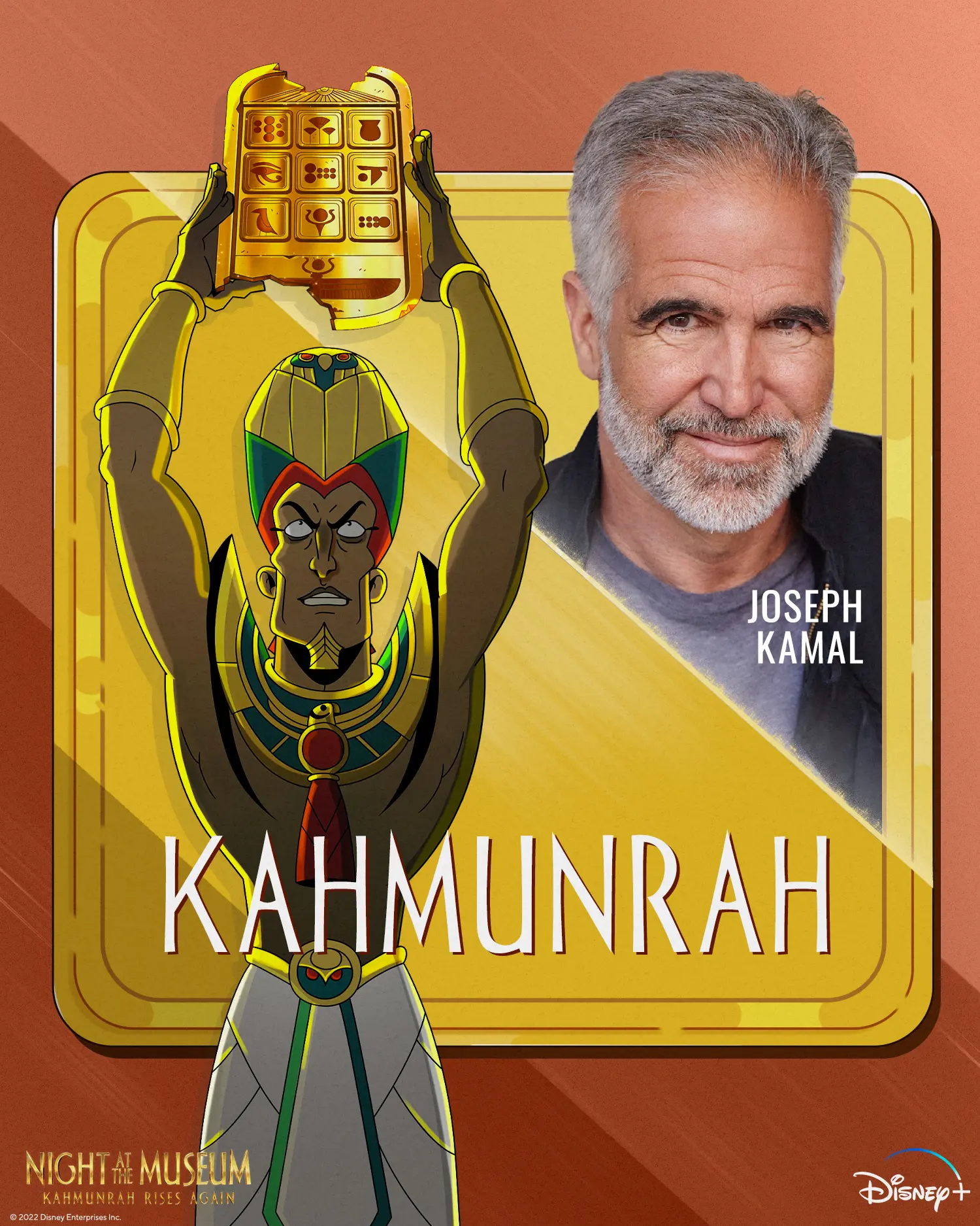 Illustrated Kahmunrah raises a broken golden tablet beside a diagonal headshot of Joseph Kamal, set on a weathered-gold plaque with large title lettering and the Disney+ logo.