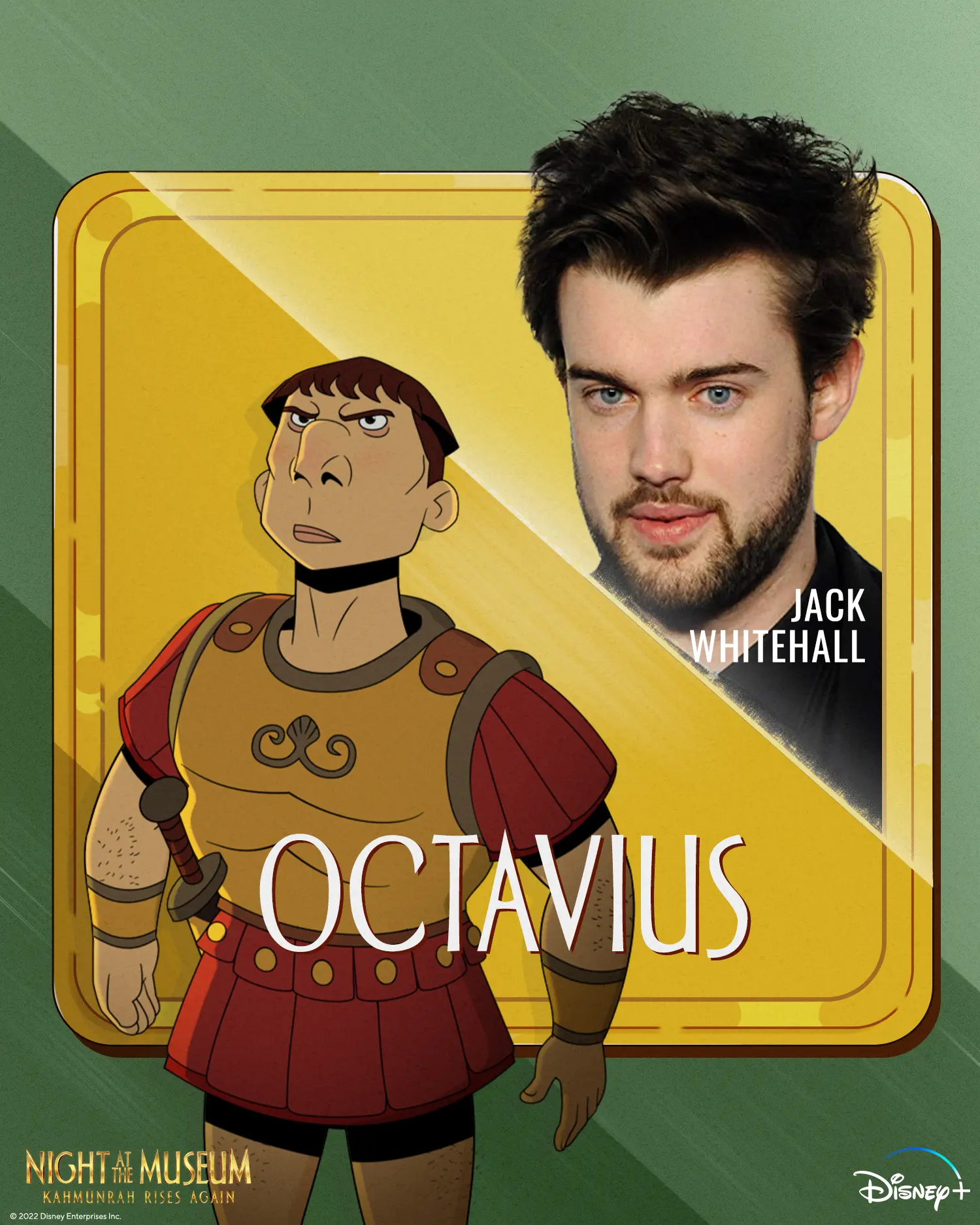 Square cast card showing a stylized illustrated Roman soldier labeled OCTAVIUS against a weathered gold plaque with a diagonal photographic headshot in the upper-right and film logos at the bottom.