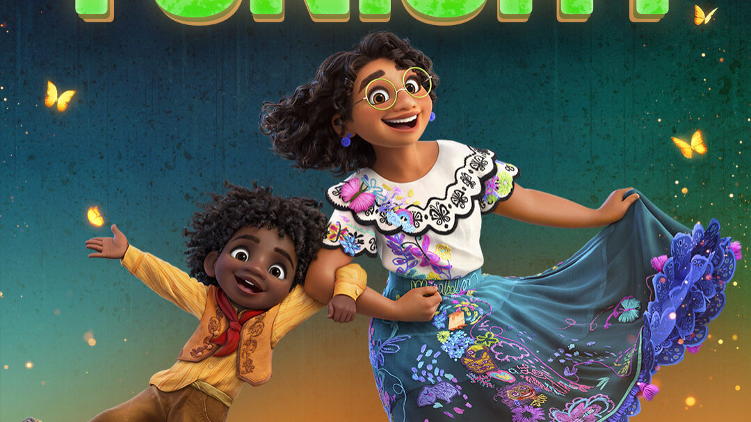 Mirabel in an embroidered blouse and swirling floral skirt holds hands with young Antonio as they dance beneath a large glowing 'TONIGHT' headline, with butterflies floating around them.