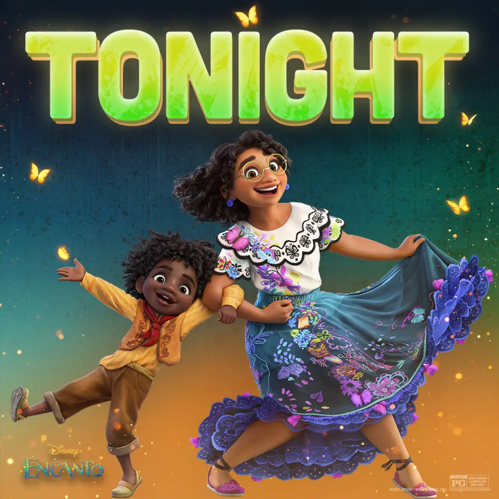 Mirabel in embroidered blouse and flowing skirt dances, holding hands with young Antonio beneath a large glowing green 'TONIGHT' headline, with golden butterflies and a warm gradient background.