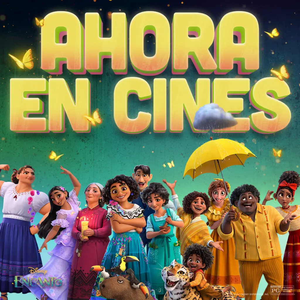 Madrigal family lined along the bottom of a promotional poster under large yellow 'AHORA EN CINES' text, surrounded by butterflies, a small rain cloud over a yellow umbrella, and Antonio with a jaguar.